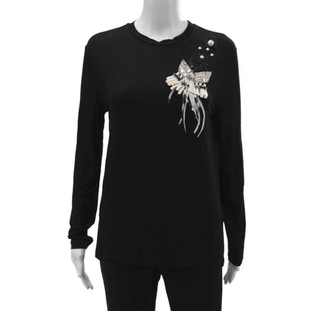 Prabal Gurung Womens Jersey Tee Black Crewneck Long Sleeve Butterfly Size XS